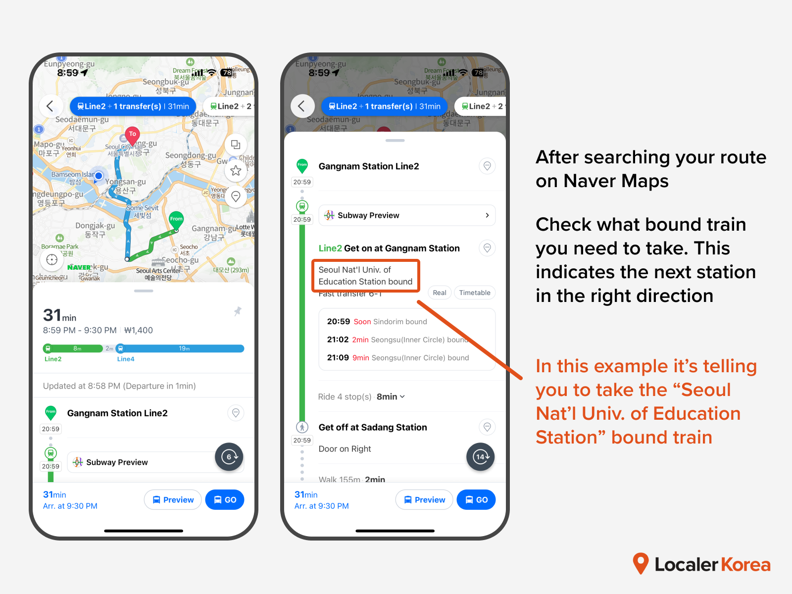 Searching which direction to take the seoul metro on naver maps